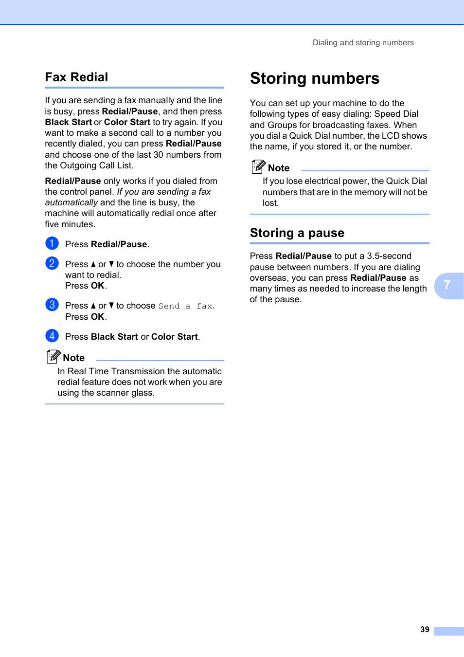 Fax redial, Storing numbers, Storing a pause | 7fax redial | Brother MFC-J270W User Manual | Page 53 / 122