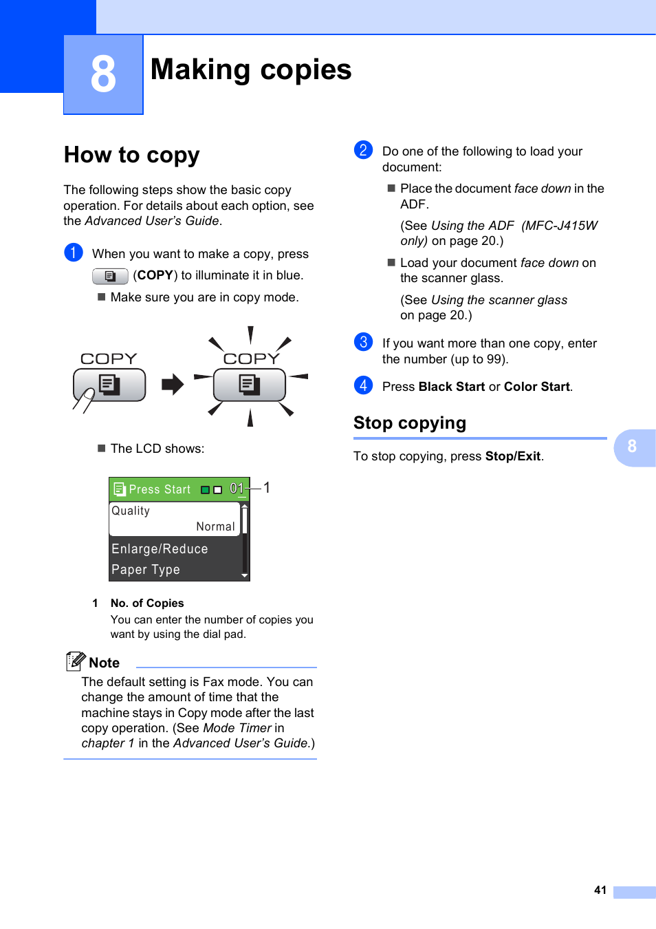 8 making copies, How to copy, Stop copying | Making copies | Brother MFC-J270W User Manual | Page 55 / 122