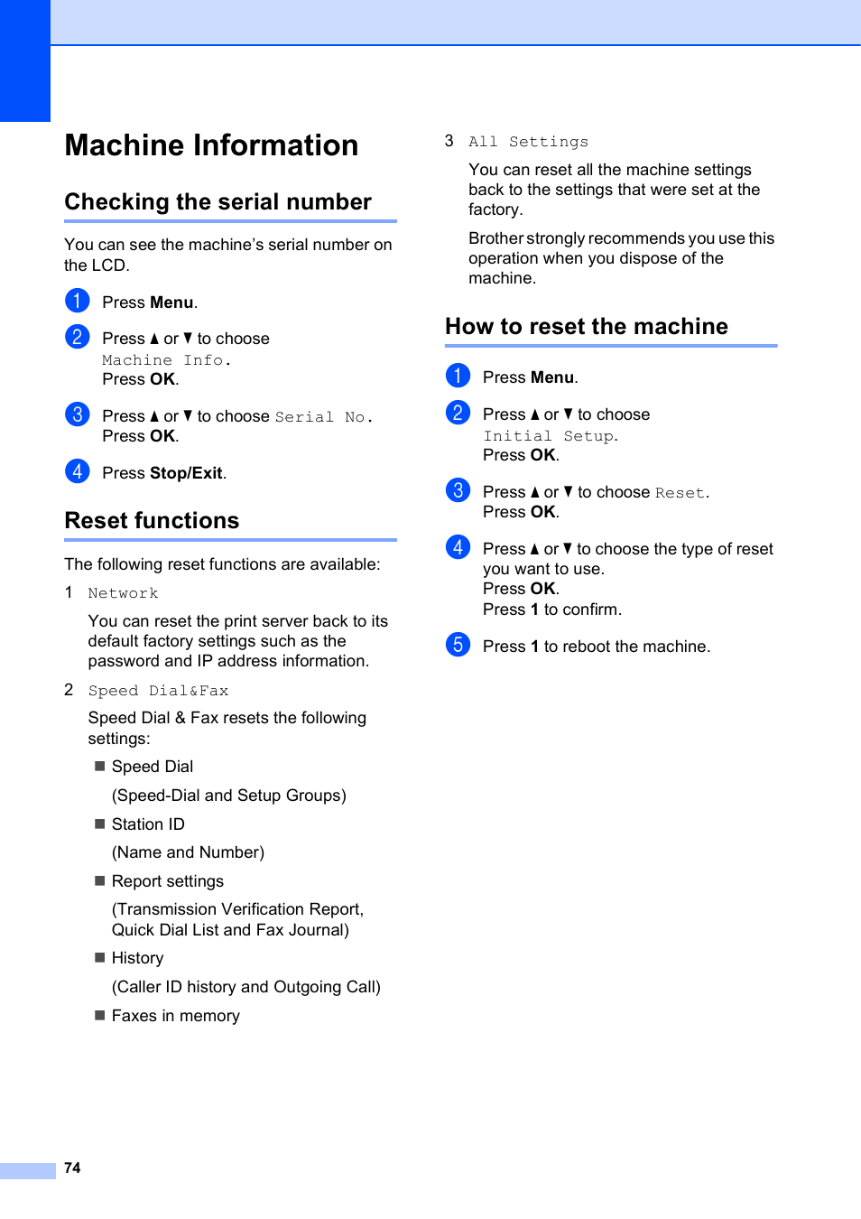 Machine information, Checking the serial number, Reset functions | How to reset the machine | Brother MFC-J270W User Manual | Page 88 / 122