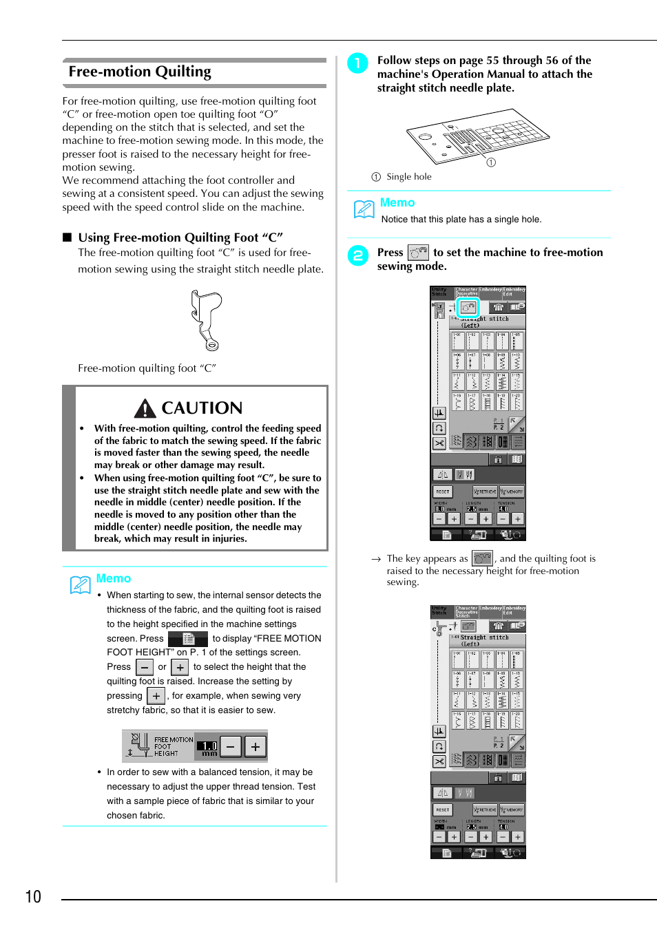 Free-motion quilting, Using free-motion quilting foot “c, Caution | Brother Innov-is 4000D 4000 User Manual | Page 11 / 17