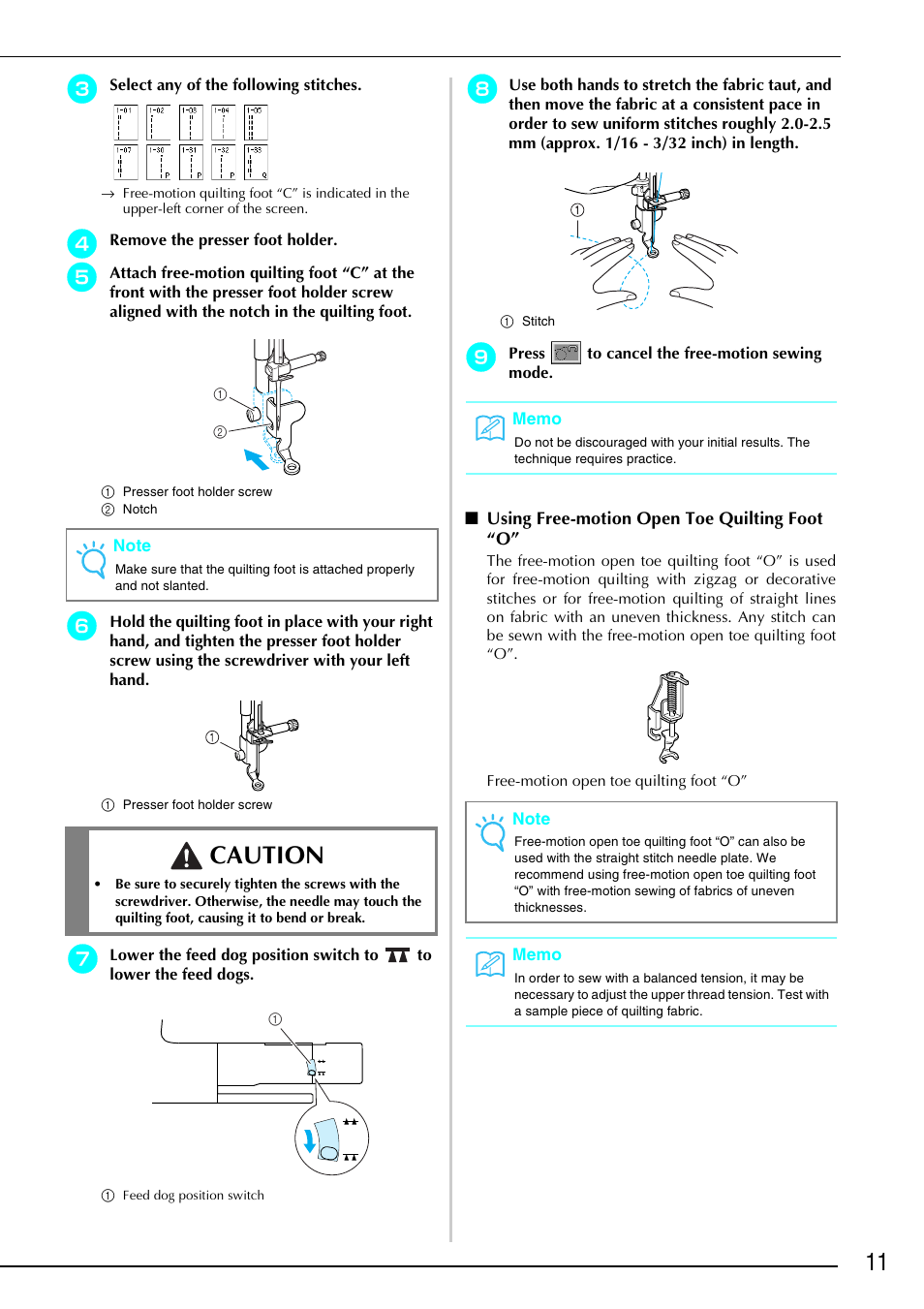 Using free-motion open toe quilting foot “o, Caution | Brother Innov-is 4000D 4000 User Manual | Page 12 / 17