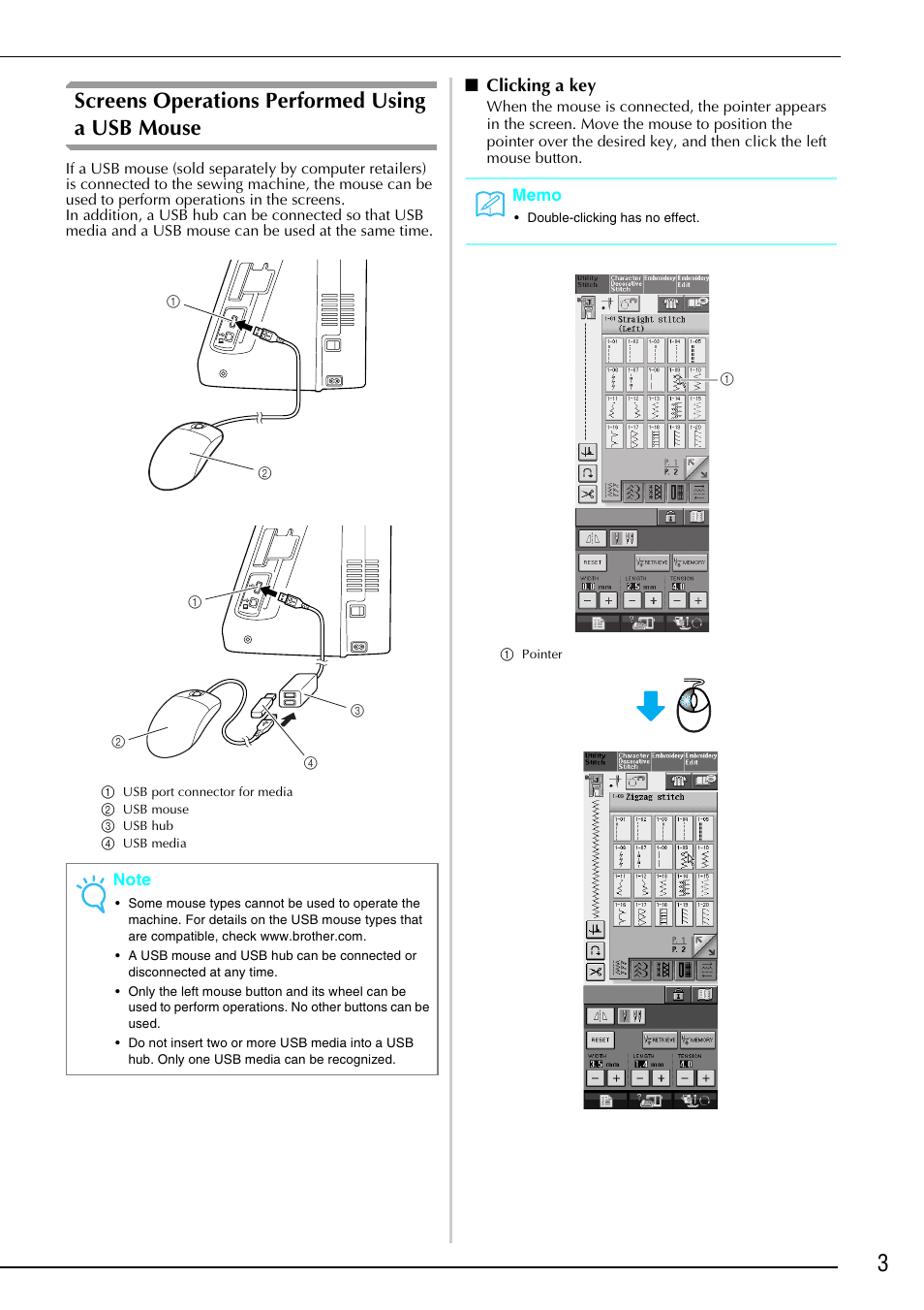 Screens operations performed using a usb mouse, Clicking a key | Brother Innov-is 4000D 4000 User Manual | Page 4 / 17