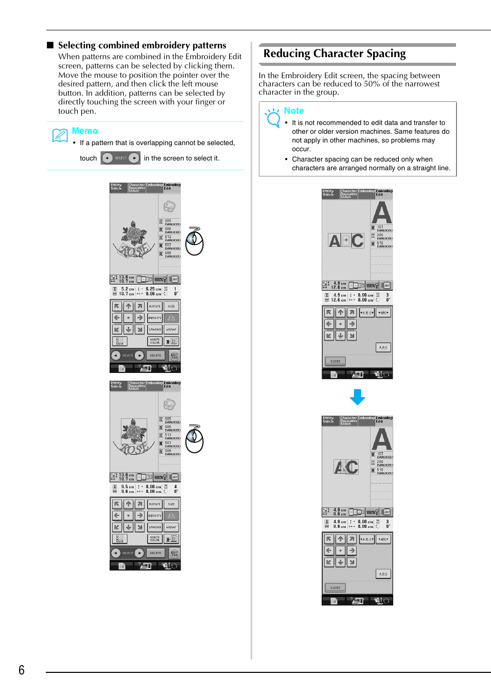 Selecting combined embroidery patterns, Reducing character spacing | Brother Innov-is 4000D 4000 User Manual | Page 7 / 17