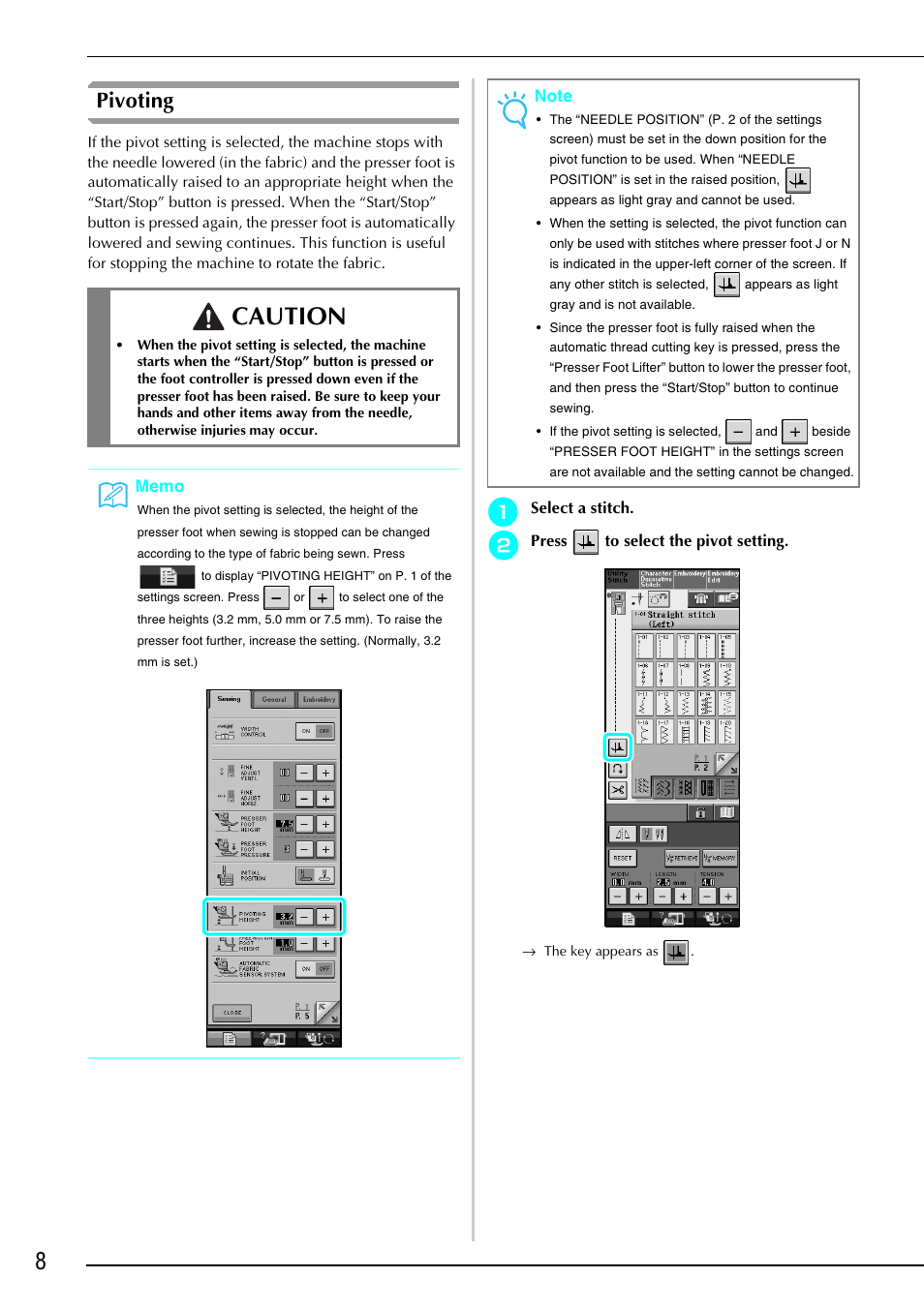 Pivoting, Caution | Brother Innov-is 4000D 4000 User Manual | Page 9 / 17