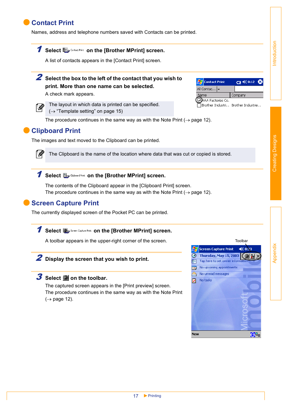 Contact print, Clipboard print, Screen capture print | Brother MW-145BT User Manual | Page 17 / 25