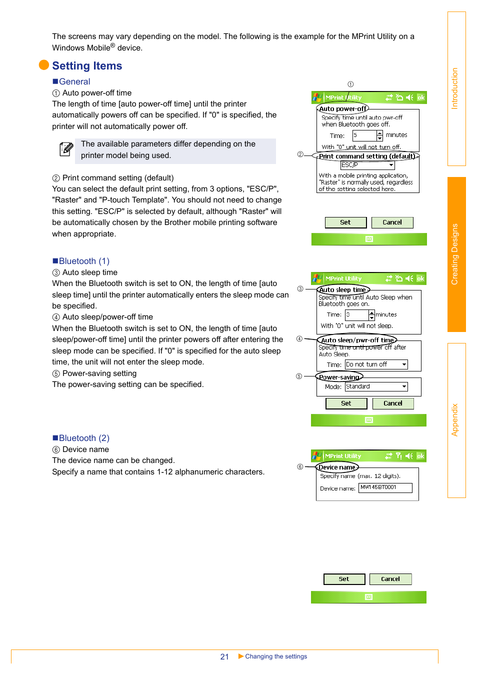 Setting items | Brother MW-145BT User Manual | Page 21 / 25