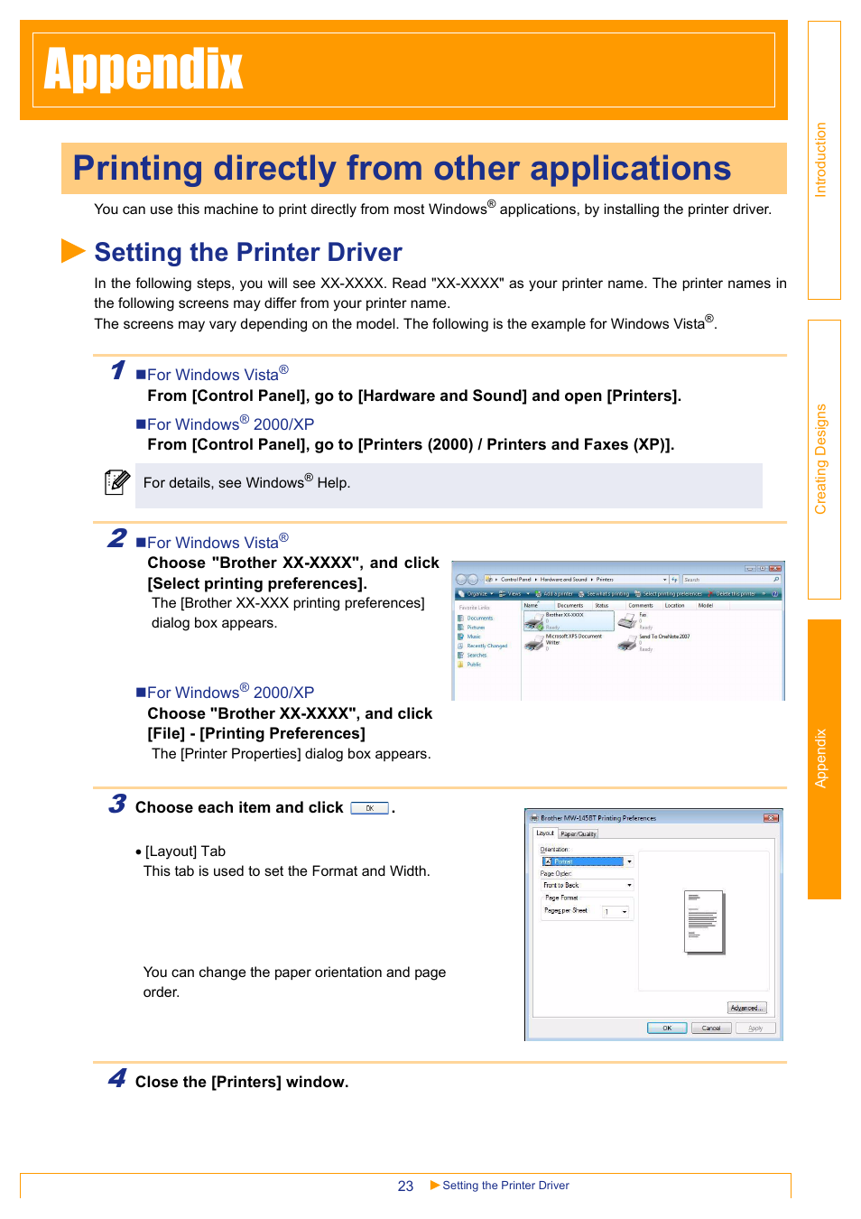 Appendix, Printing directly from other applications, Setting the printer driver | Pend | Brother MW-145BT User Manual | Page 23 / 25