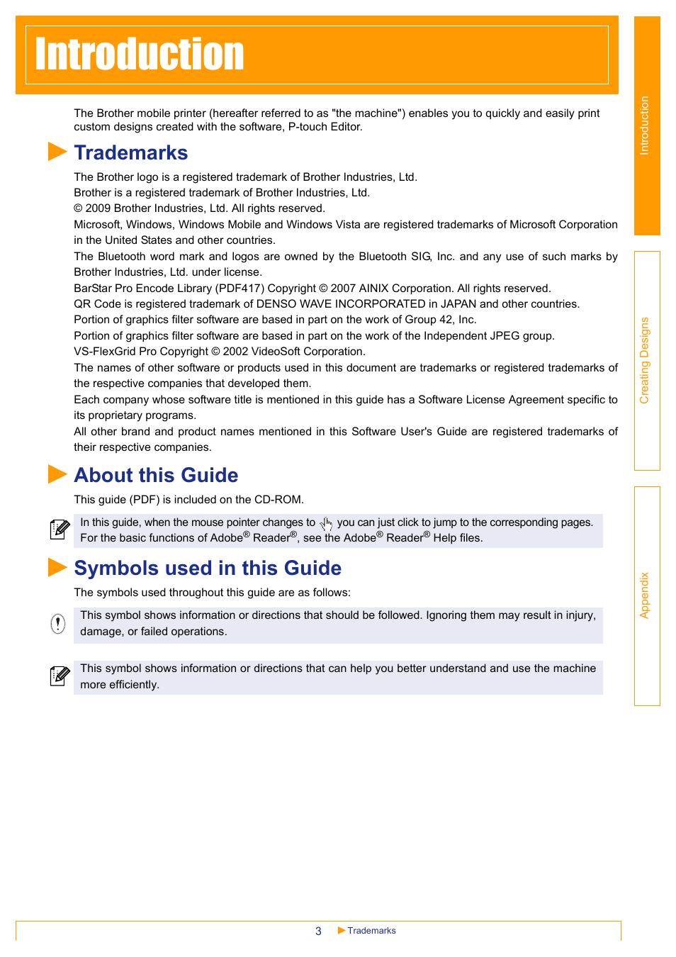 Introduction, Trademarks, About this guide | Symbols used in this guide, Introd | Brother MW-145BT User Manual | Page 3 / 25