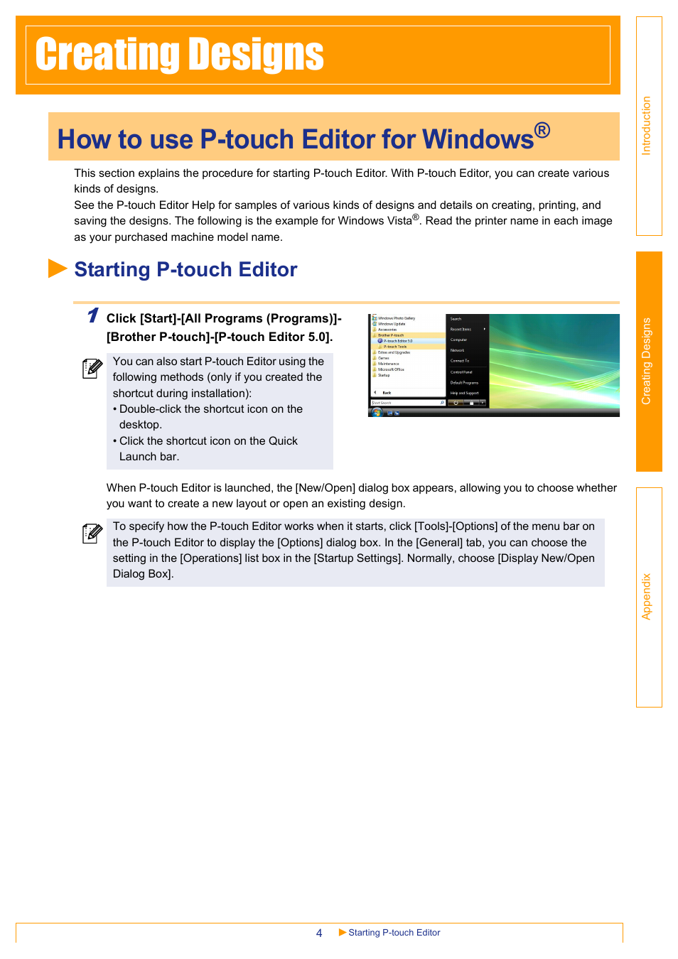 Creating designs, How to use p-touch editor for windows, Starting p-touch editor | Ng de | Brother MW-145BT User Manual | Page 4 / 25