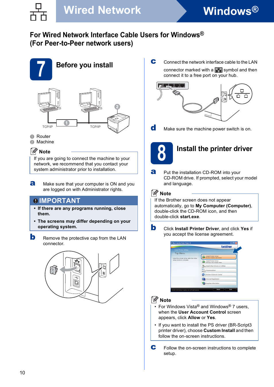 7 before you install, 8 install the printer driver, Windows | Wired network, For peer-to-peer network users), Before you install, Install the printer driver | Brother HL-4570CDW User Manual | Page 10 / 28