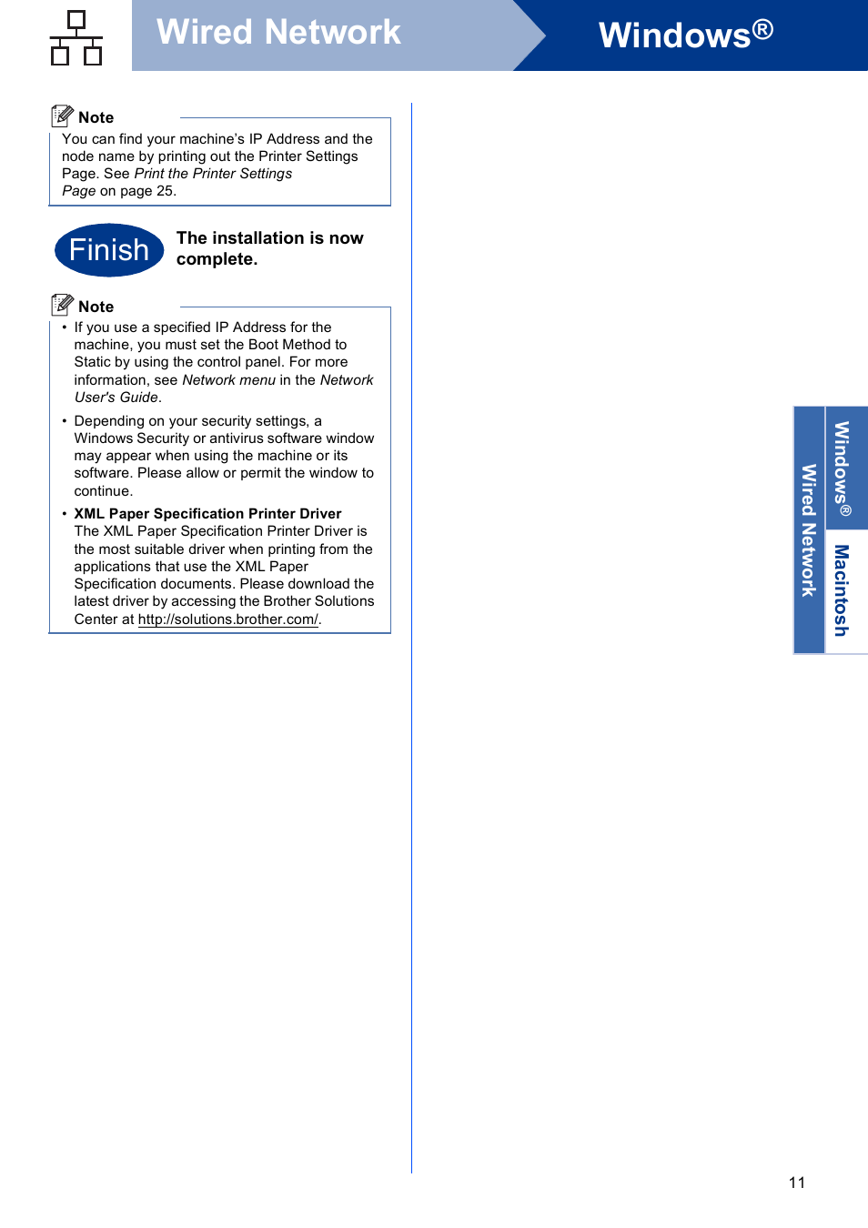 Windows, Wired network, Finish | Brother HL-4570CDW User Manual | Page 11 / 28
