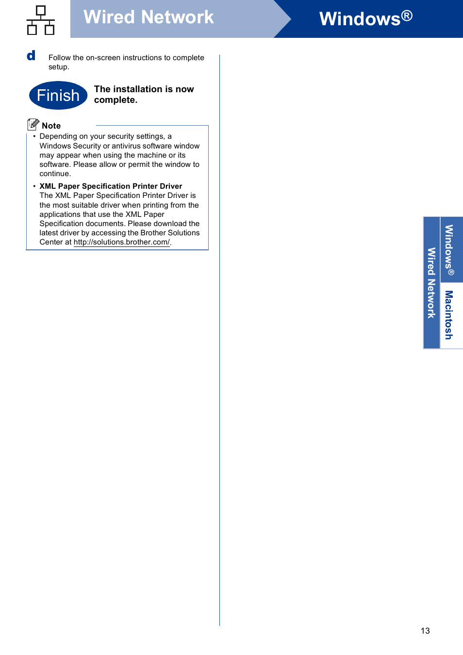 Windows, Wired network, Finish | Brother HL-4570CDW User Manual | Page 13 / 28