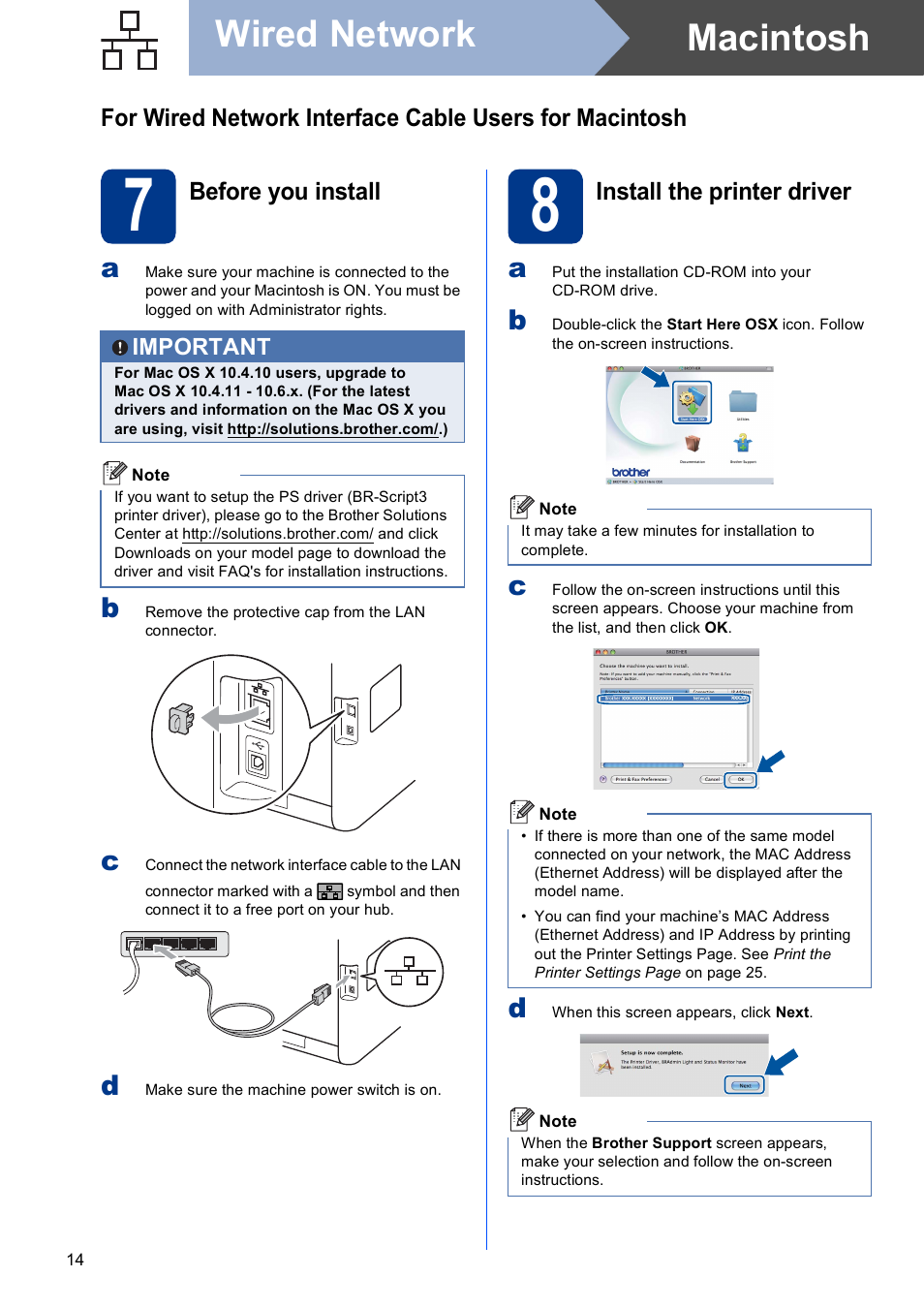 7 before you install, 8 install the printer driver, Macintosh wired network | Brother HL-4570CDW User Manual | Page 14 / 28