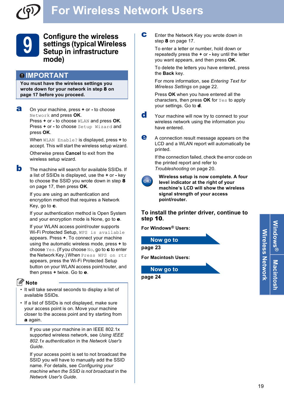 For wireless network users, Important | Brother HL-4570CDW User Manual | Page 19 / 28