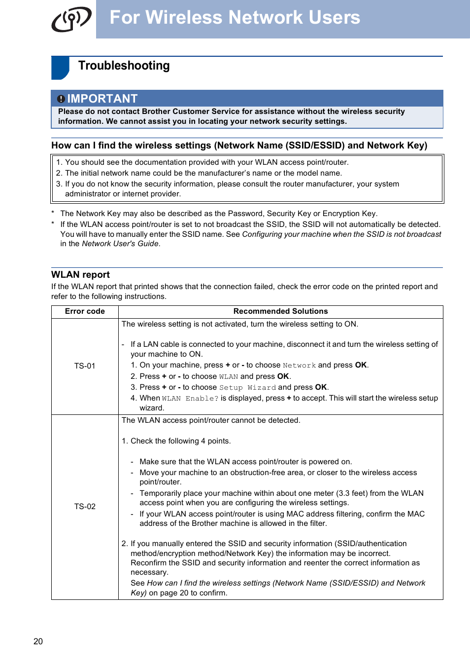 Troubleshooting, Wlan report, For wireless network users | Important | Brother HL-4570CDW User Manual | Page 20 / 28