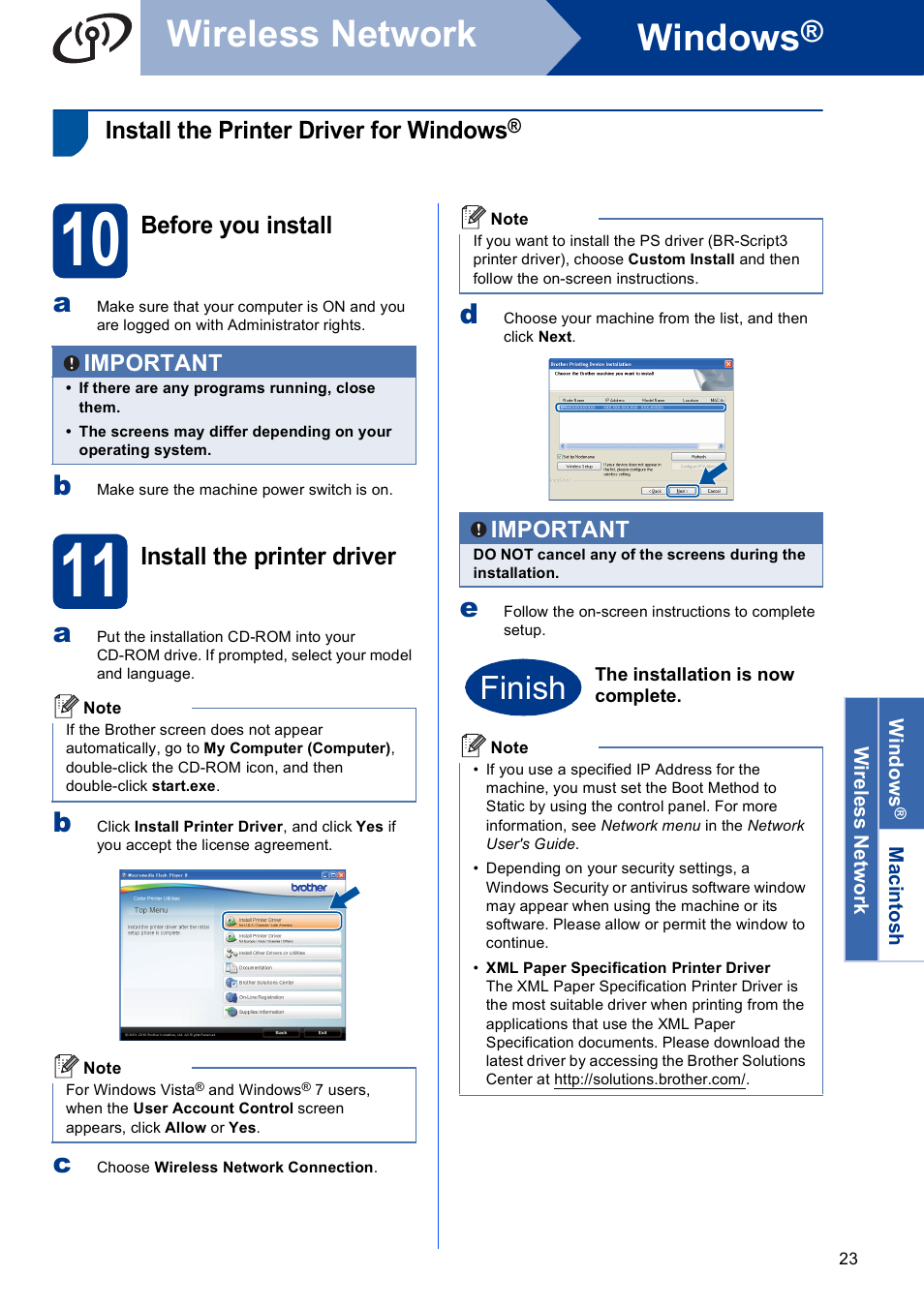 Install the printer driver for windows, 10 before you install, 11 install the printer driver | Windows, Wireless network, Finish, Before you install, Install the printer driver | Brother HL-4570CDW User Manual | Page 23 / 28