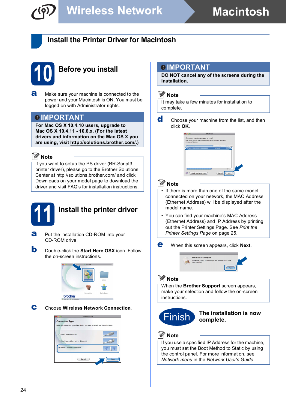 Install the printer driver for macintosh, 10 before you install, 11 install the printer driver | Macintosh wireless network, Finish | Brother HL-4570CDW User Manual | Page 24 / 28
