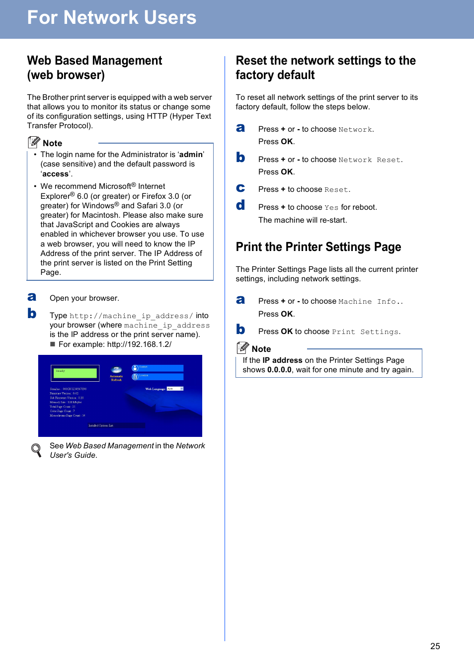 For network users, Web based management (web browser), Reset the network settings to the factory default | Print the printer settings page | Brother HL-4570CDW User Manual | Page 25 / 28