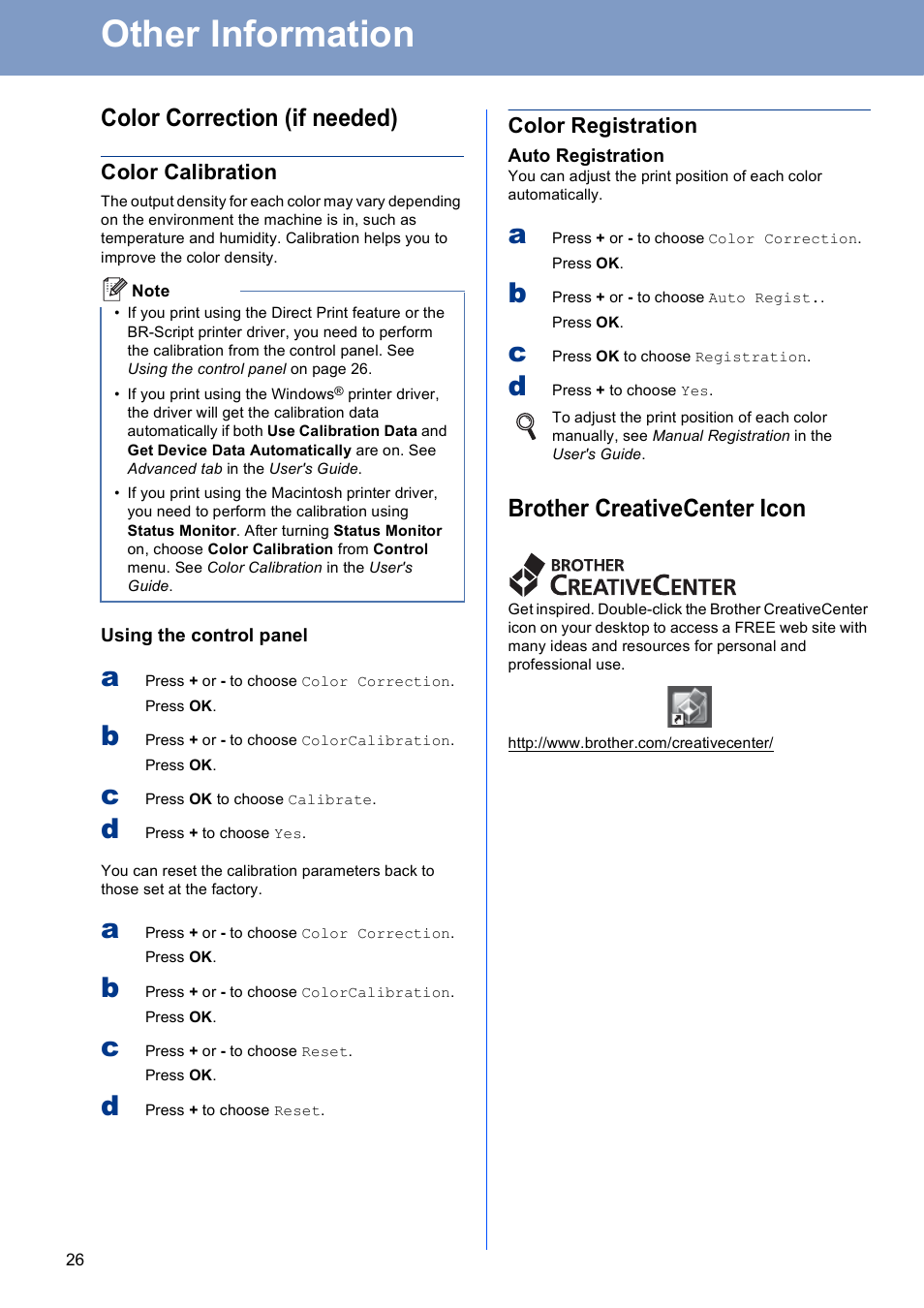 Other information, Color correction (if needed), Color calibration | Color registration, Brother creativecenter icon | Brother HL-4570CDW User Manual | Page 26 / 28