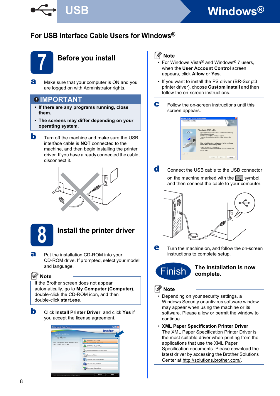 For usb interface cable users for windows, 7 before you install, 8 install the printer driver | Windows, Finish | Brother HL-4570CDW User Manual | Page 8 / 28