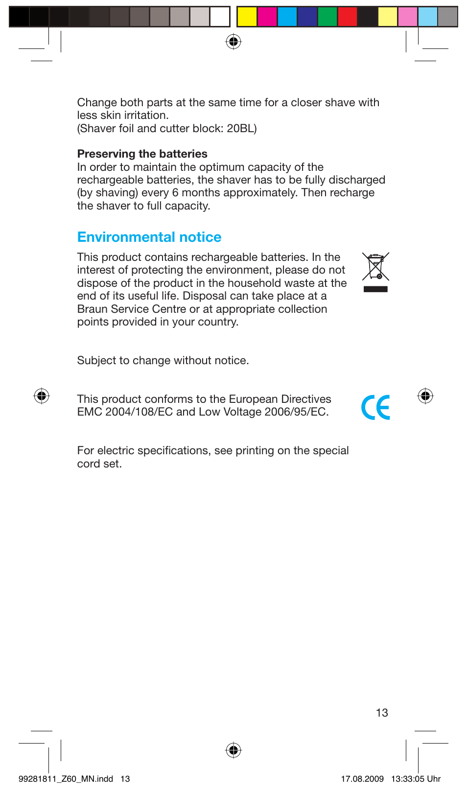 Environmental notice | Braun Z60 Cruzer4, body&face User Manual | Page 13 / 66