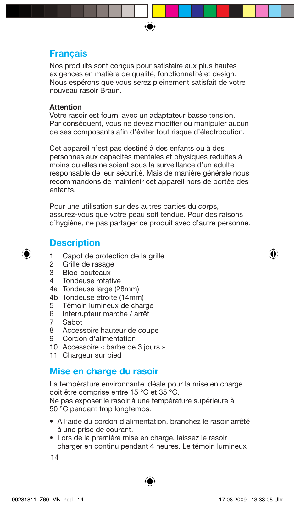 Français, Description, Mise en charge du rasoir | Braun Z60 Cruzer4, body&face User Manual | Page 14 / 66
