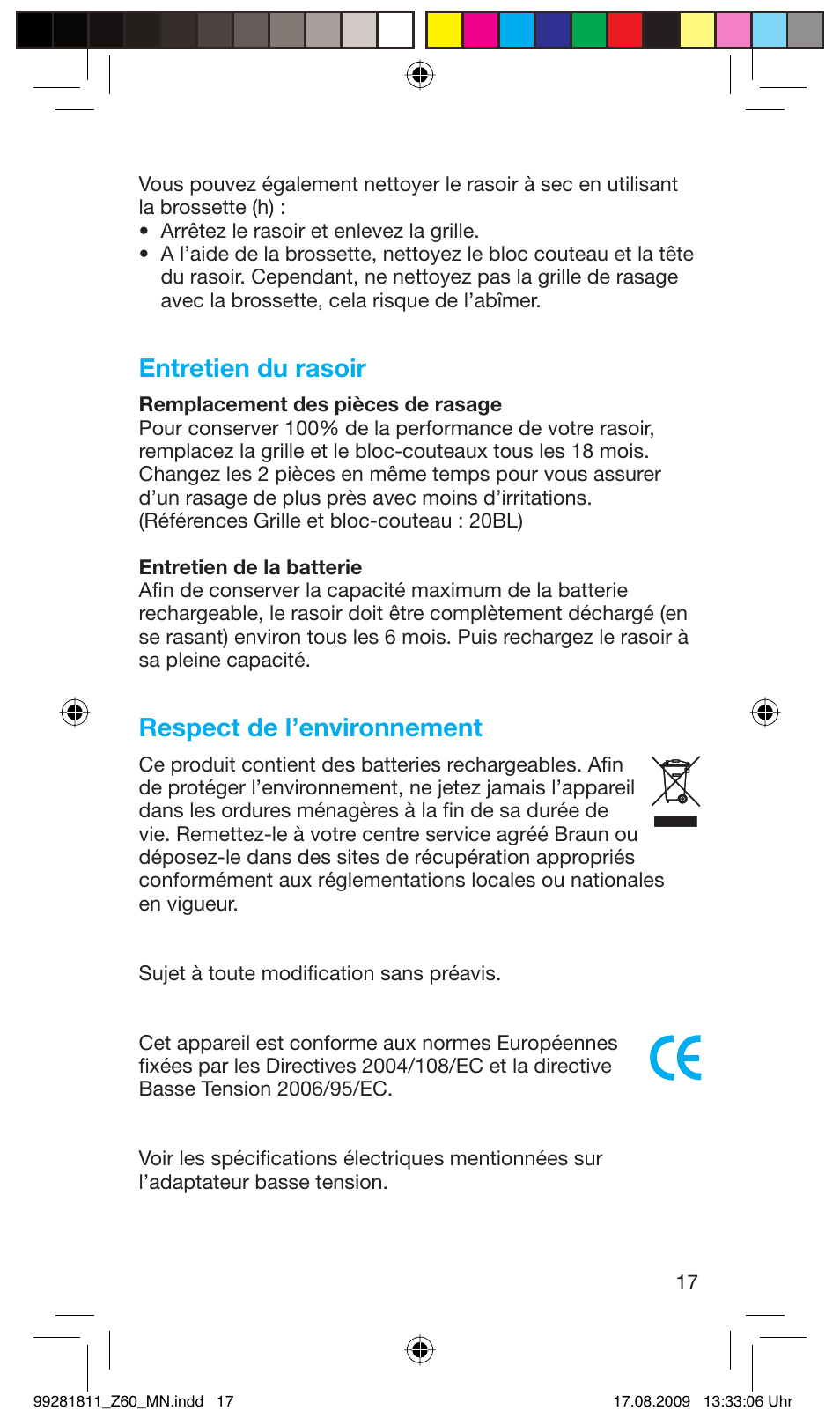 Entretien du rasoir, Respect de l’environnement | Braun Z60 Cruzer4, body&face User Manual | Page 17 / 66