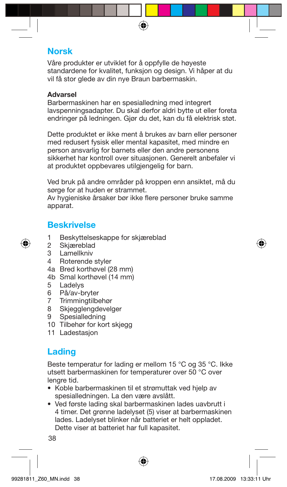 Norsk, Beskrivelse, Lading | Braun Z60 Cruzer4, body&face User Manual | Page 38 / 66