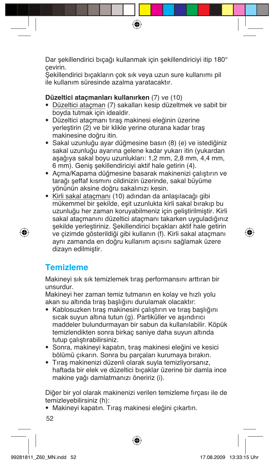 Temizleme | Braun Z60 Cruzer4, body&face User Manual | Page 52 / 66