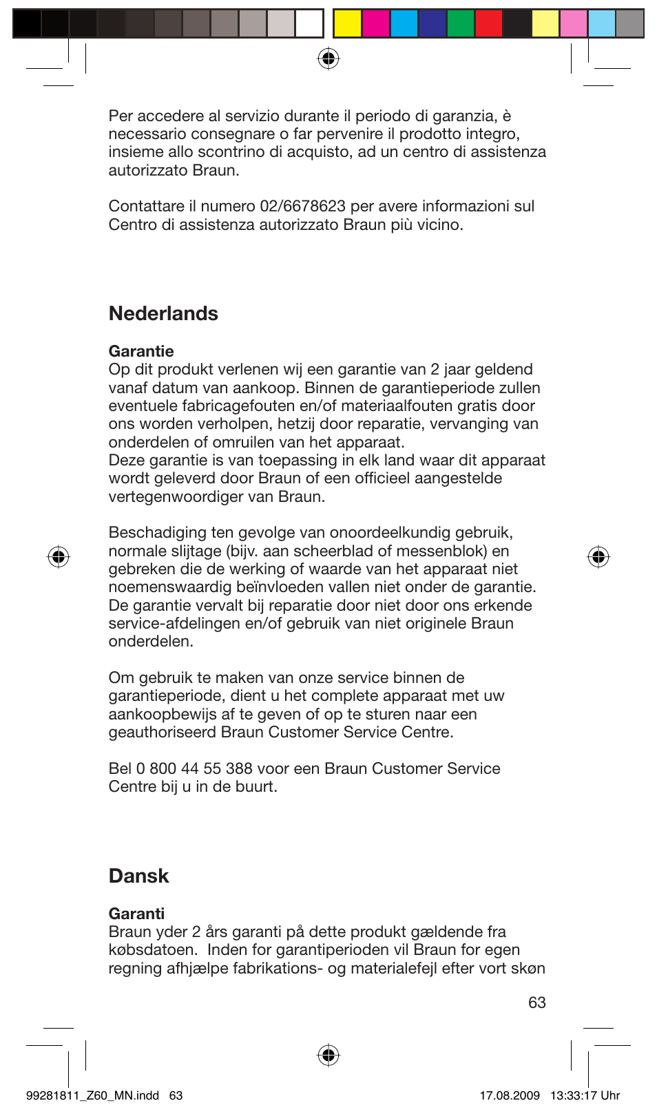 Nederlands, Dansk | Braun Z60 Cruzer4, body&face User Manual | Page 63 / 66