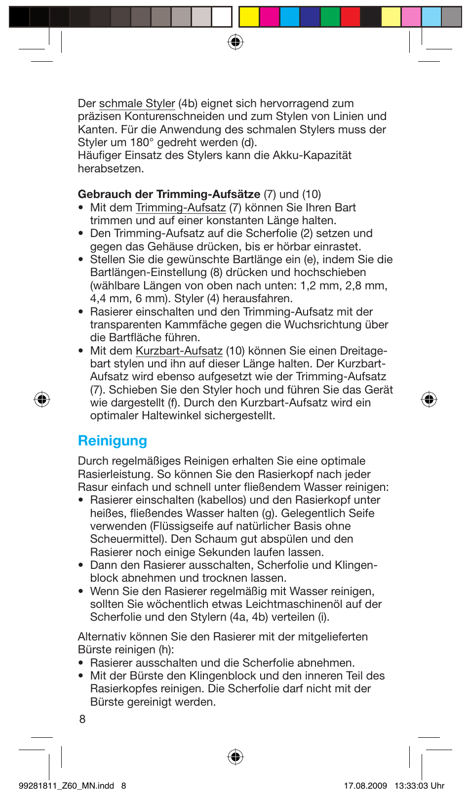 Reinigung | Braun Z60 Cruzer4, body&face User Manual | Page 8 / 66