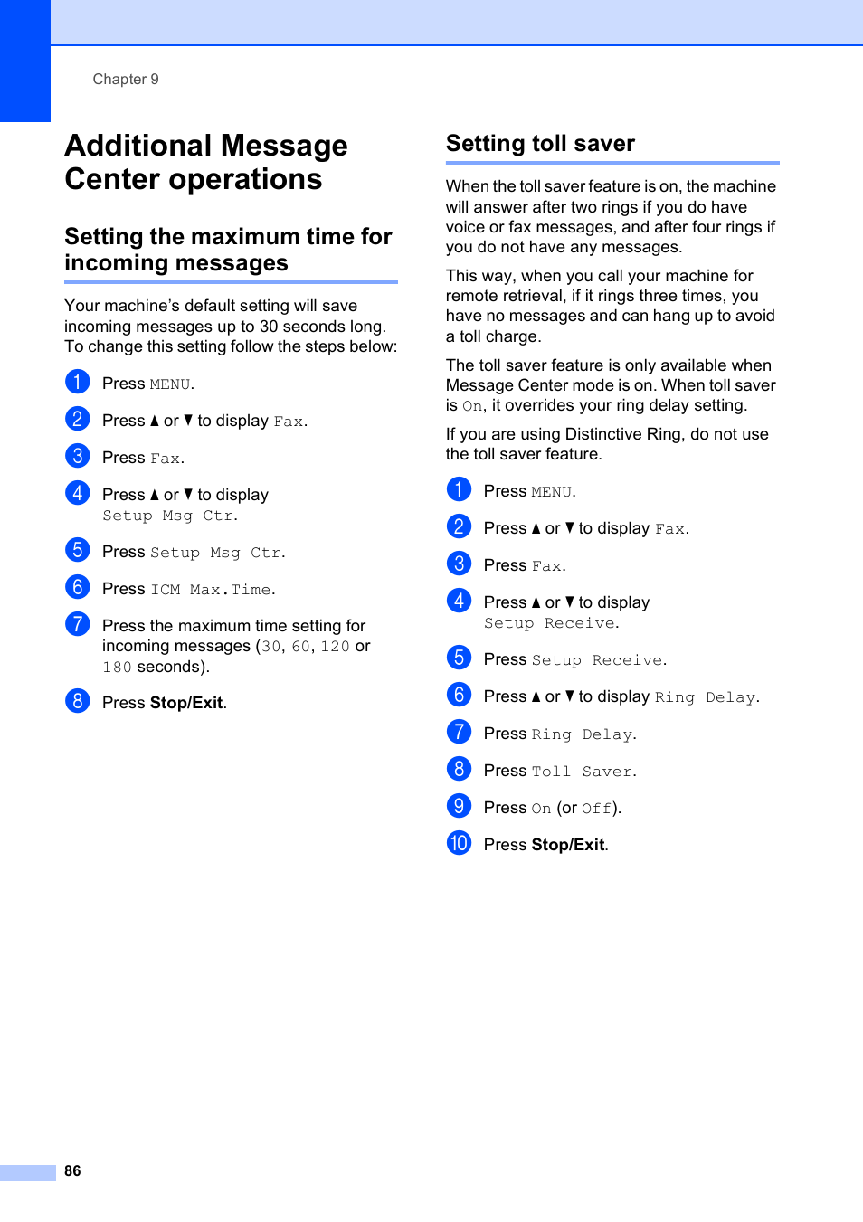 Additional message center operations, Setting the maximum time for incoming messages, Setting toll saver | Brother MFC-795CW User Manual | Page 102 / 240