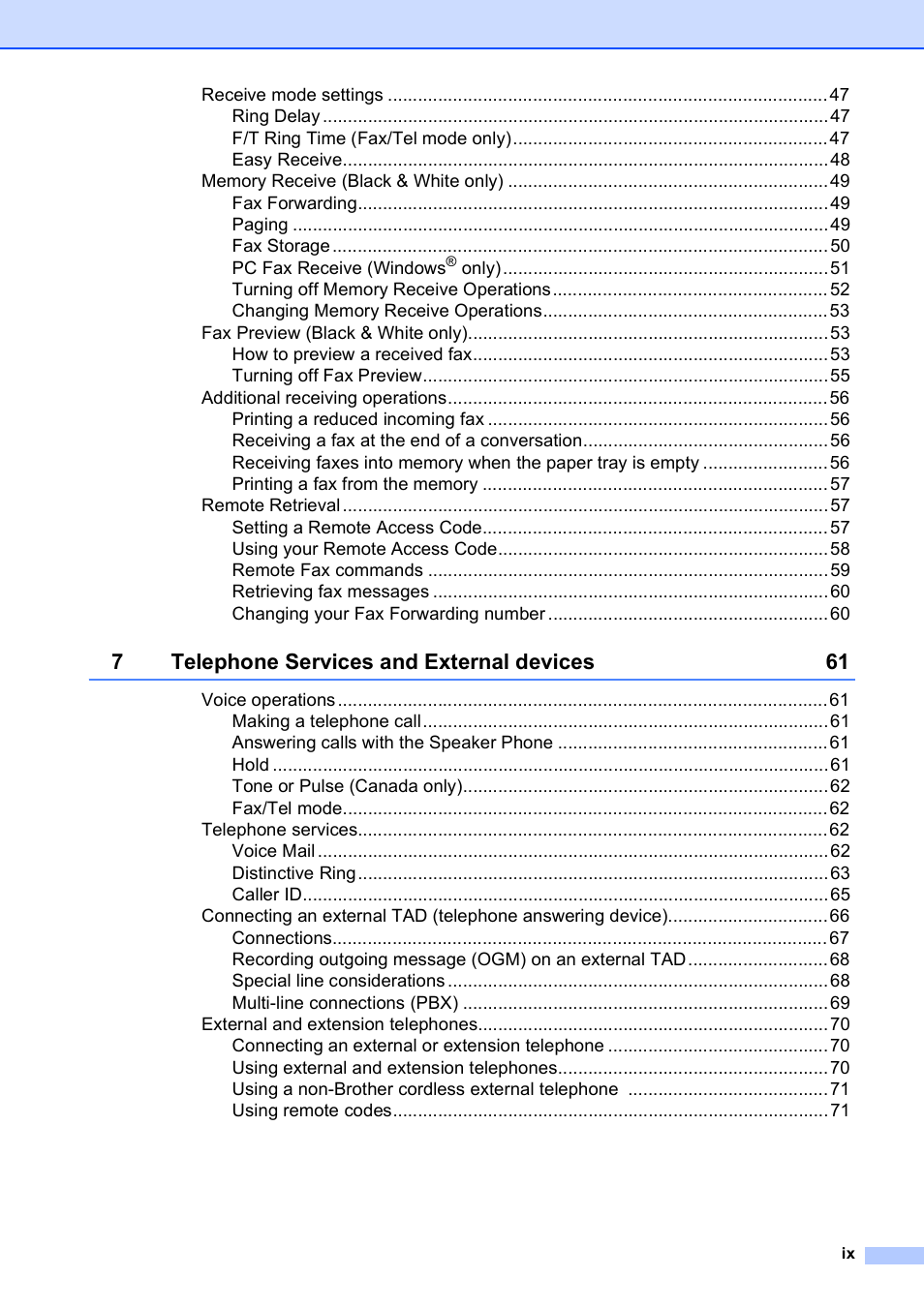 7telephone services and external devices 61 | Brother MFC-795CW User Manual | Page 11 / 240