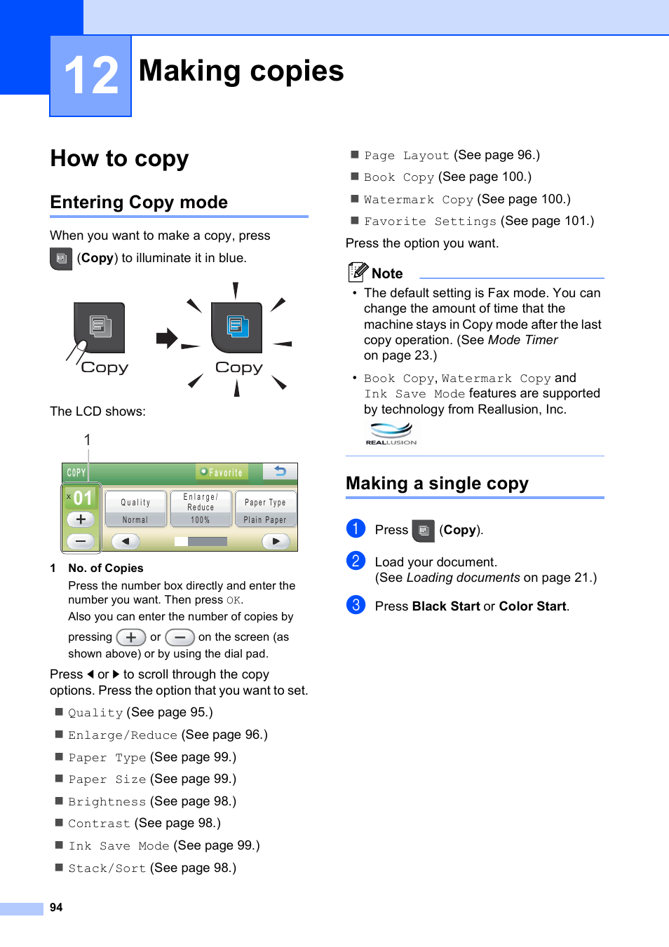 12 making copies, How to copy, Entering copy mode | Making a single copy, Making copies, Entering copy mode making a single copy | Brother MFC-795CW User Manual | Page 110 / 240