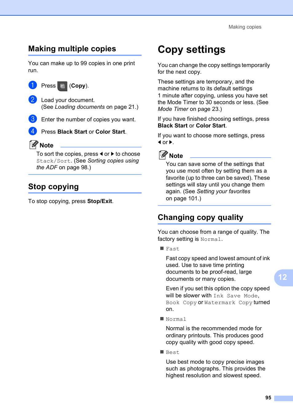Making multiple copies, Stop copying, Copy settings | Changing copy quality, Making multiple copies stop copying, 12 making multiple copies | Brother MFC-795CW User Manual | Page 111 / 240