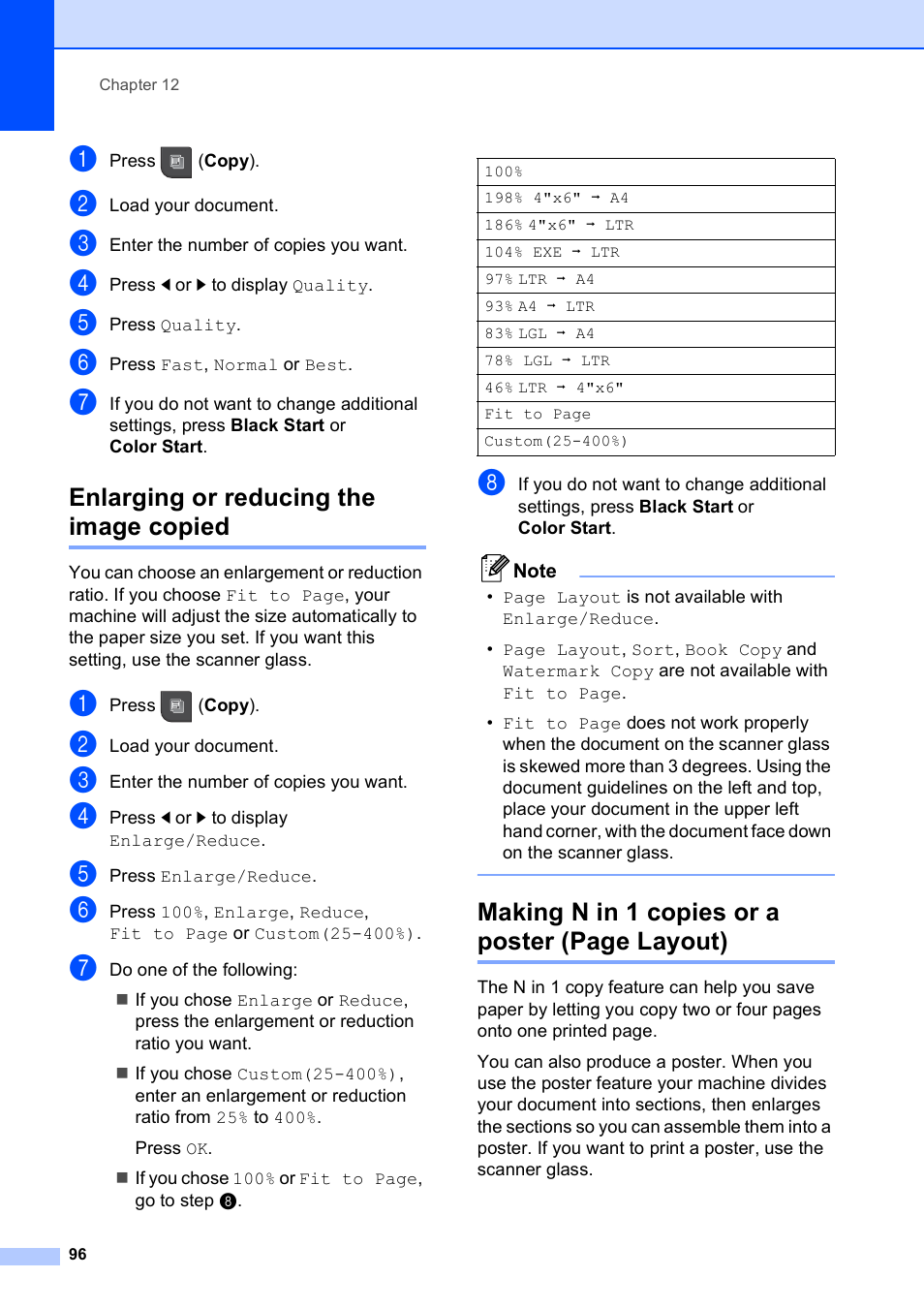 Enlarging or reducing the image copied, Making n in 1 copies or a poster (page layout) | Brother MFC-795CW User Manual | Page 112 / 240