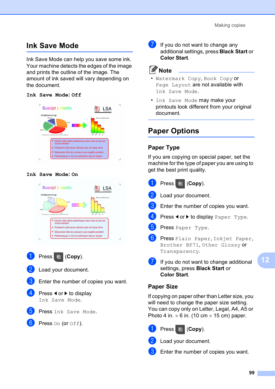 Ink save mode, Paper options, Paper type | Paper size, Ink save mode paper options, 12 ink save mode | Brother MFC-795CW User Manual | Page 115 / 240