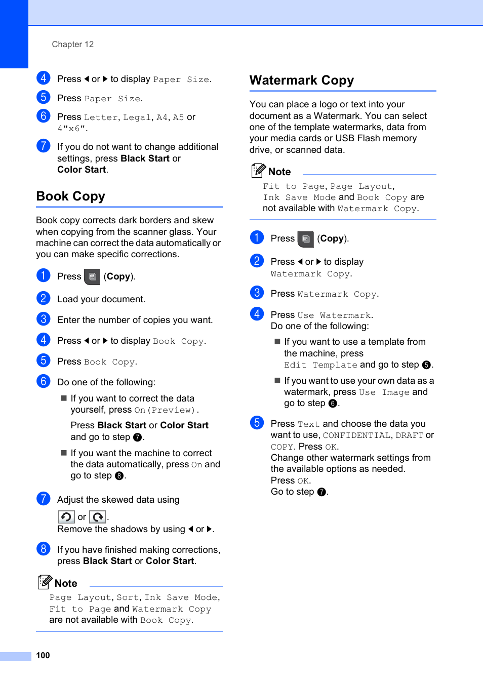 Book copy, Watermark copy, Book copy watermark copy | Brother MFC-795CW User Manual | Page 116 / 240