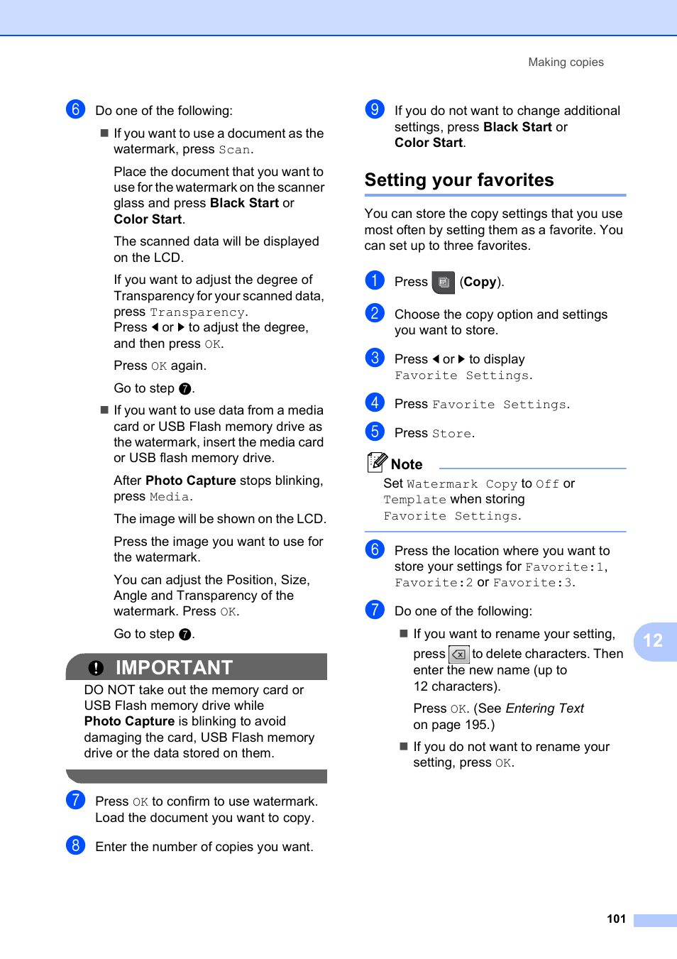 Setting your favorites, Important | Brother MFC-795CW User Manual | Page 117 / 240