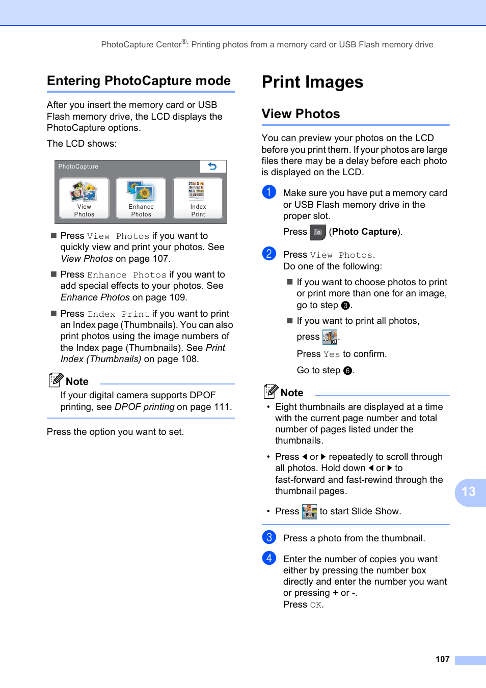 Entering photocapture mode, Print images, View photos | 13 entering photocapture mode | Brother MFC-795CW User Manual | Page 123 / 240
