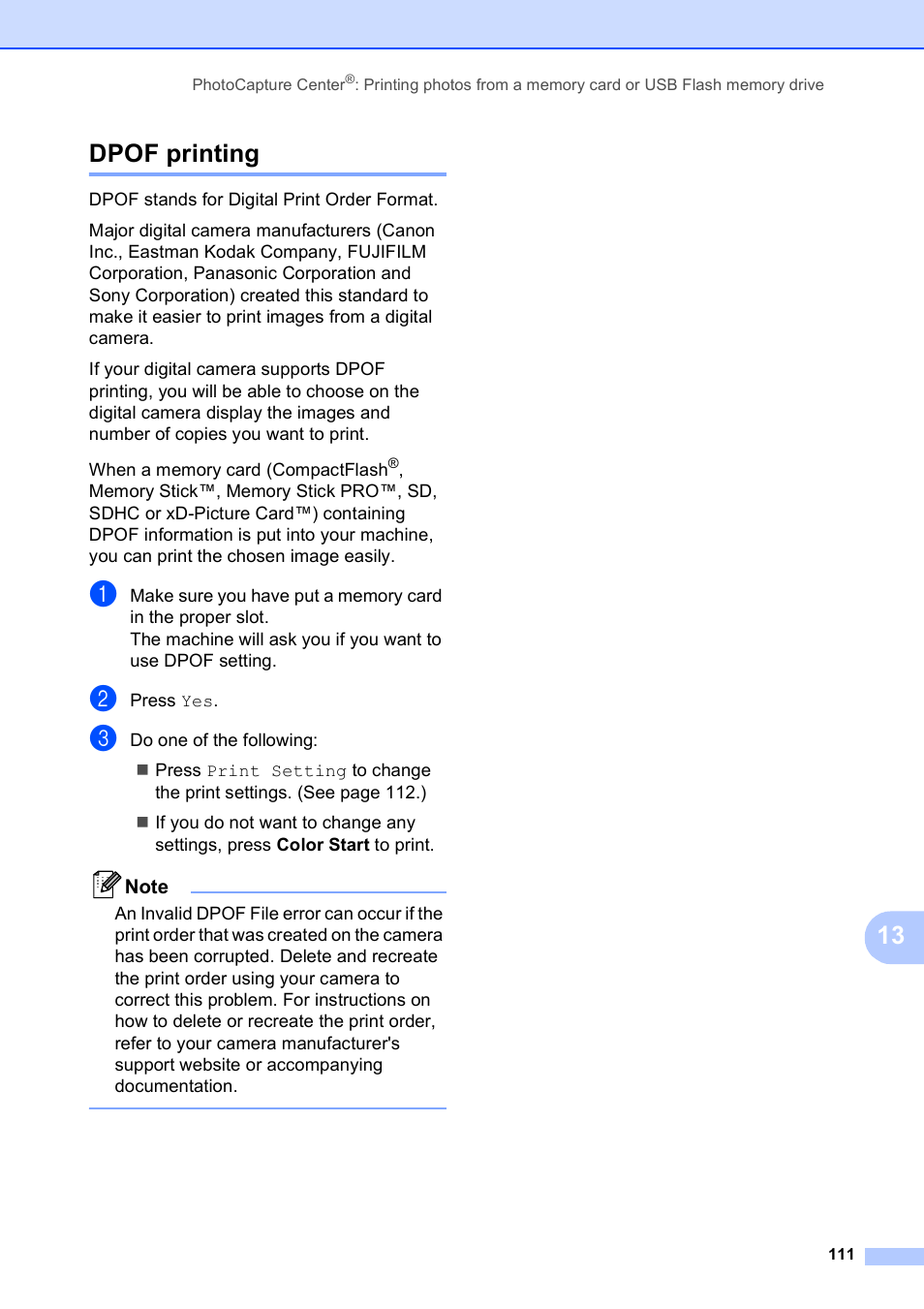 Dpof printing, 13 dpof printing | Brother MFC-795CW User Manual | Page 127 / 240
