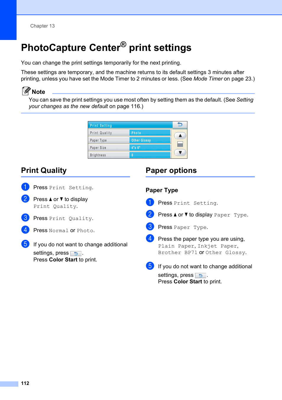 Photocapture center® print settings, Print quality, Paper options | Paper type, Photocapture center, Print settings, Print quality paper options | Brother MFC-795CW User Manual | Page 128 / 240