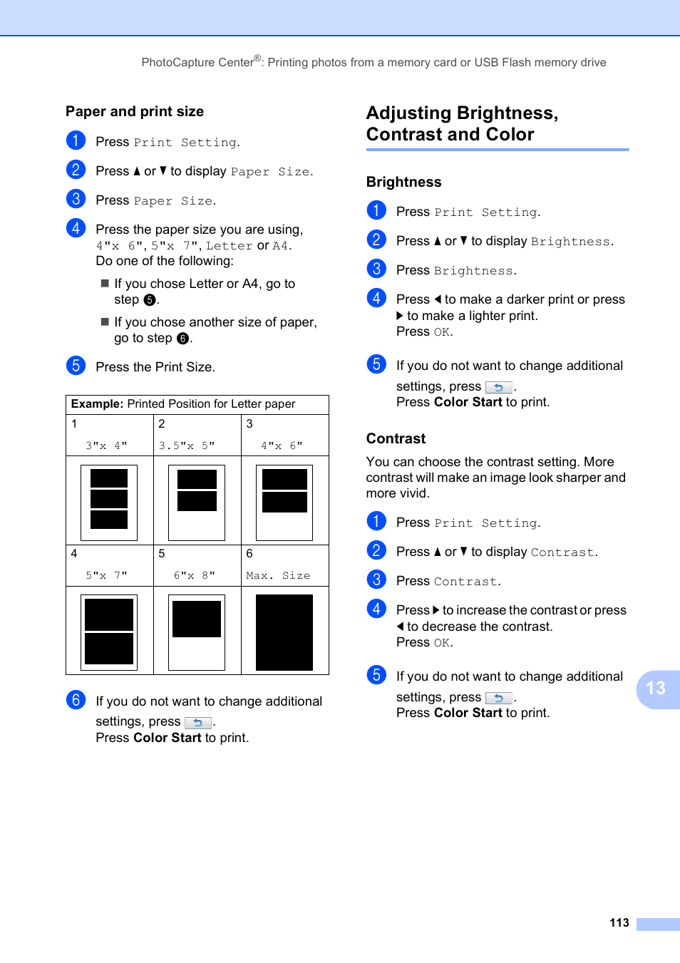 Paper and print size, Adjusting brightness, contrast and color, Brightness | Contrast | Brother MFC-795CW User Manual | Page 129 / 240