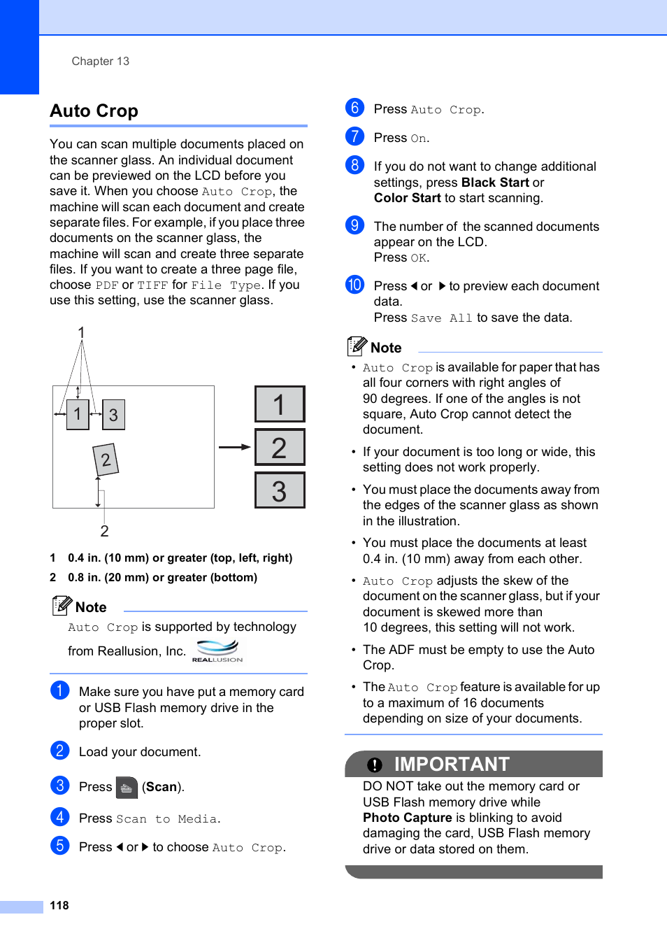 Auto crop, Important | Brother MFC-795CW User Manual | Page 134 / 240
