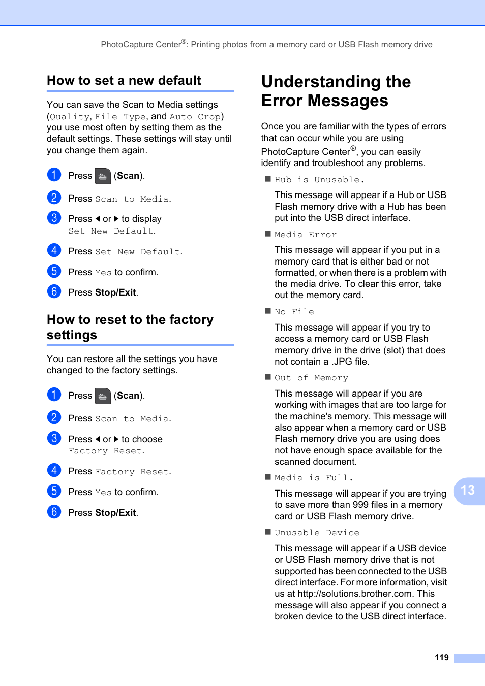 How to set a new default, How to reset to the factory settings, Understanding the error messages | 13 how to set a new default | Brother MFC-795CW User Manual | Page 135 / 240