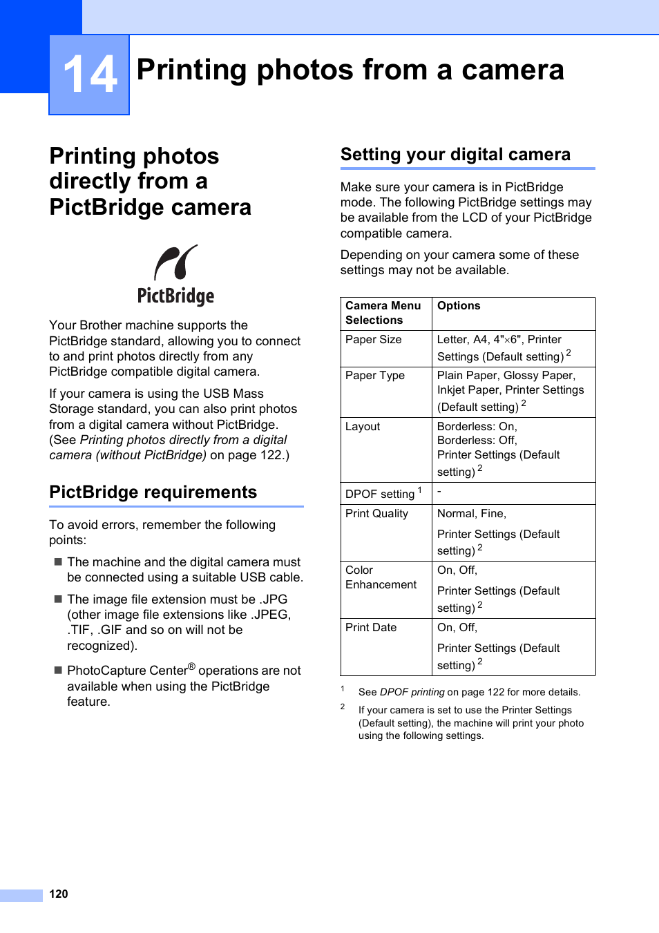 14 printing photos from a camera, Printing photos directly from a pictbridge camera, Pictbridge requirements | Setting your digital camera, Printing photos from a camera | Brother MFC-795CW User Manual | Page 136 / 240