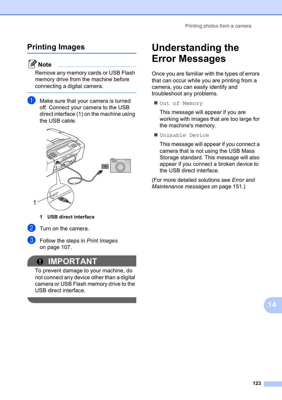 Printing images, Understanding the error messages, Important | 14 printing images | Brother MFC-795CW User Manual | Page 139 / 240