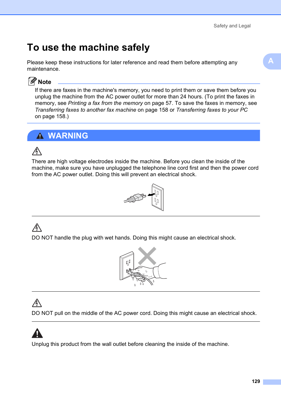 To use the machine safely, Warning, Safety and legal 129 | Brother MFC-795CW User Manual | Page 145 / 240