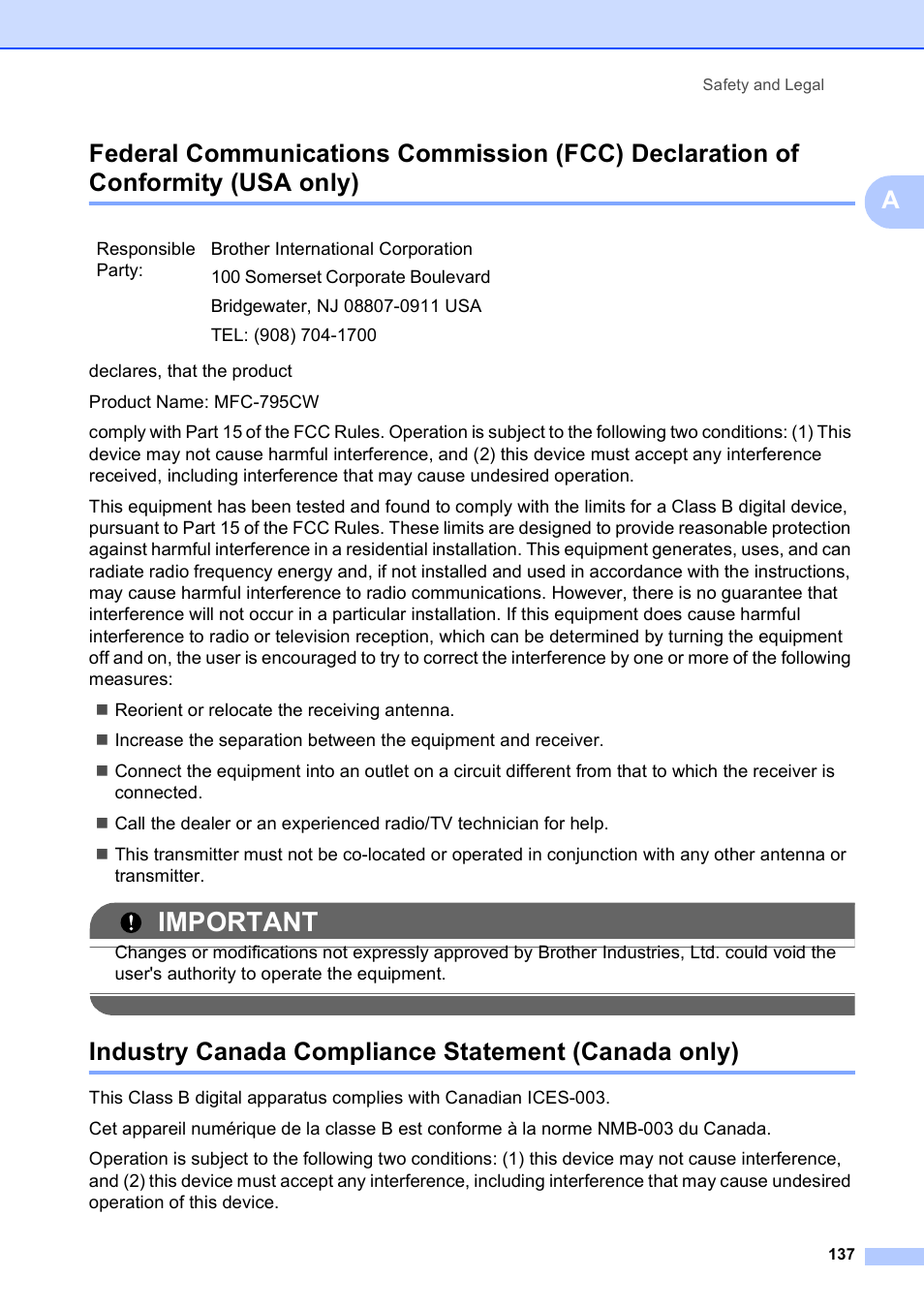 Industry canada compliance statement (canada only), Usa only), Important | Brother MFC-795CW User Manual | Page 153 / 240
