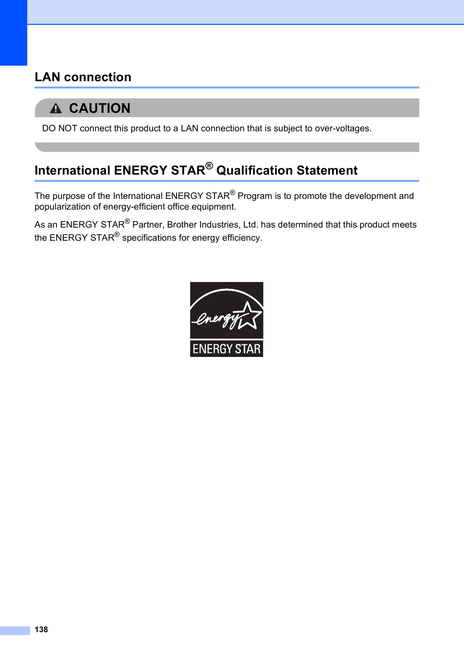 Lan connection, International energy star® qualification statement, Lan connection international energy star | Qualification statement, Caution, International energy star | Brother MFC-795CW User Manual | Page 154 / 240